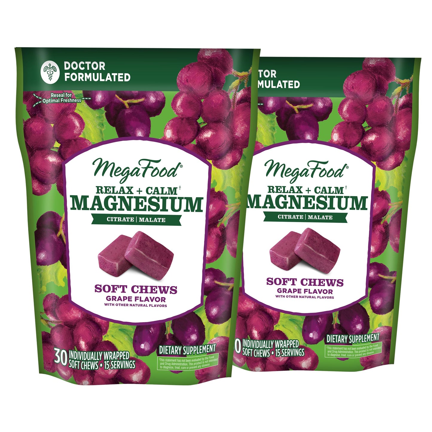 MegaFood Relax + Calm Magnesium Soft Chews – Grape Flavor, 60 Chews (Pack of 2) | Vegetarian, 9 Allergen-Free