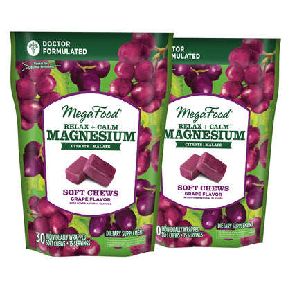 MegaFood Relax + Calm Magnesium Soft Chews – Grape Flavor, 60 Chews (Pack of 2) | Vegetarian, 9 Allergen-Free