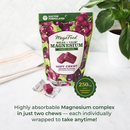 MegaFood Relax + Calm Magnesium Soft Chews – Grape Flavor, 60 Chews (Pack of 2) | Vegetarian, 9 Allergen-Free