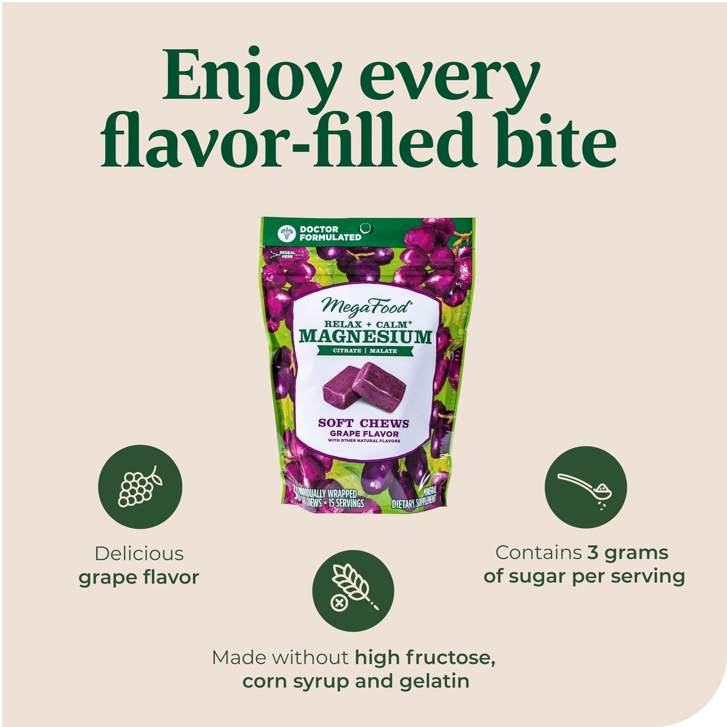 MegaFood Relax + Calm Magnesium Soft Chews – Grape Flavor, 60 Chews (Pack of 2) | Vegetarian, 9 Allergen-Free