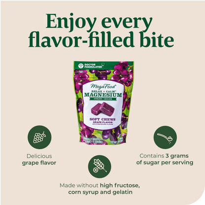 MegaFood Relax + Calm Magnesium Soft Chews – Grape Flavor, 60 Chews (Pack of 2) | Vegetarian, 9 Allergen-Free