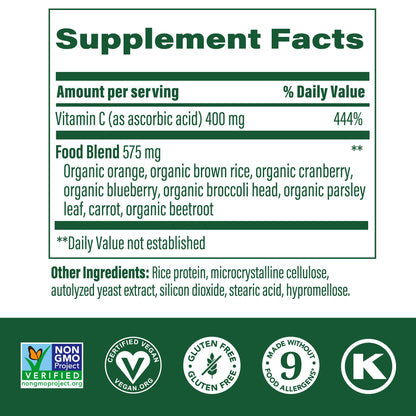 MegaFood Ultra C 400 mg – Vegan Immune Support with Real Food (Gluten-Free, Kosher) – 60 Tablets