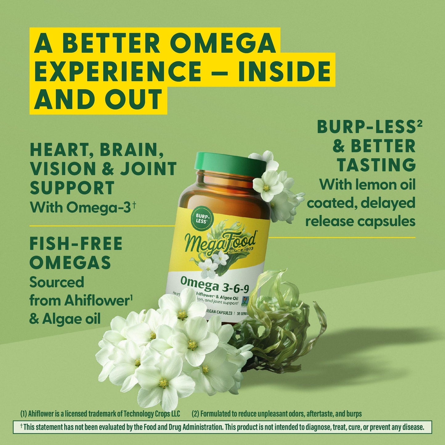 MegaFood Vegan Omega 3-6-9 (Burp-Less) - 600 mg, Plant-Based, 60 Capsules