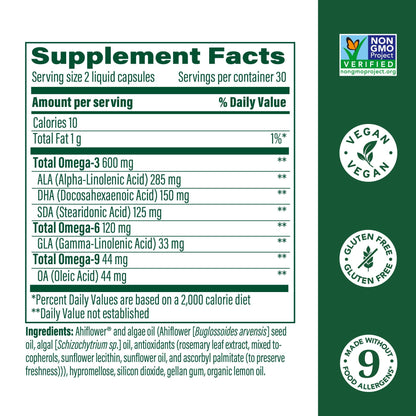 MegaFood Vegan Omega 3-6-9 (Burp-Less) - 600 mg, Plant-Based, 60 Capsules