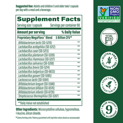 MegaFood MegaFlora Kids Probiotics - 5B CFU, Non-GMO, 60 Mini Capsules