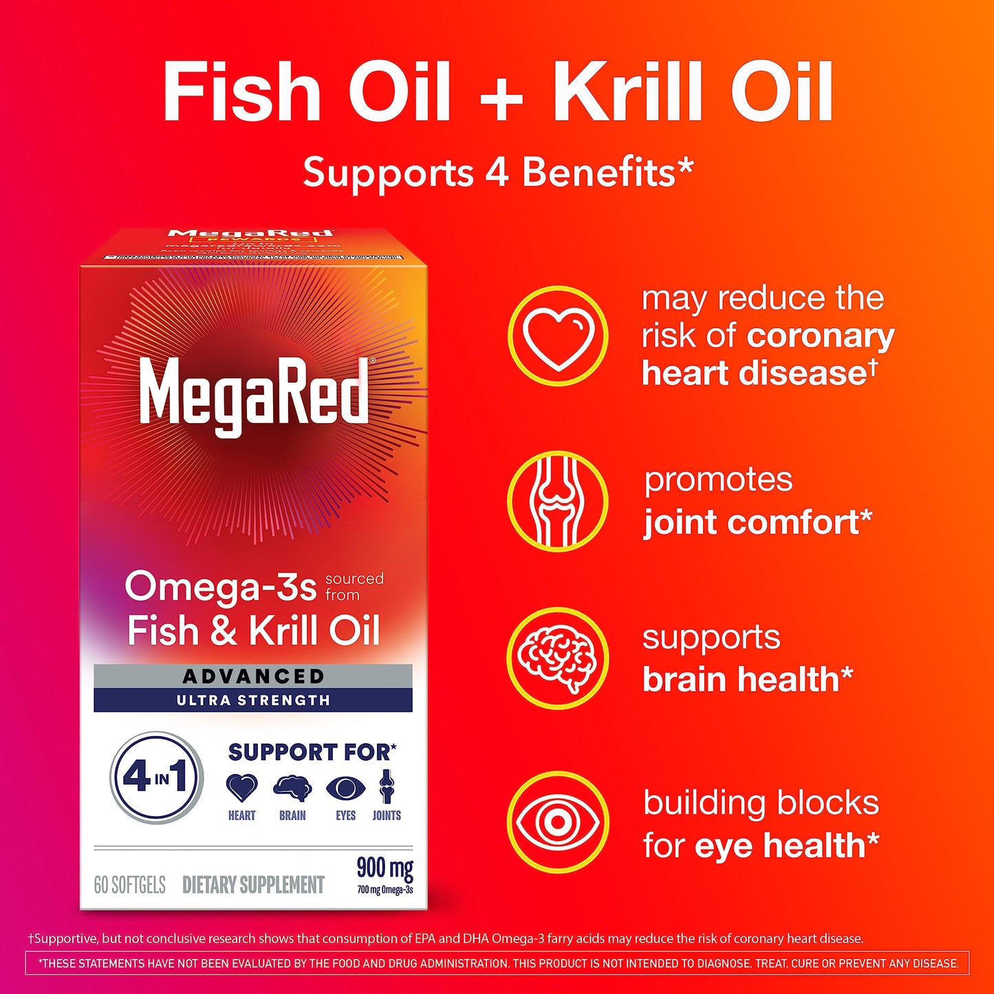 Megared Omega-3 Fish & Krill Oil 900mg – Advanced 4in1, 60 Softgels | Heart, Joint, Brain & Eye Health