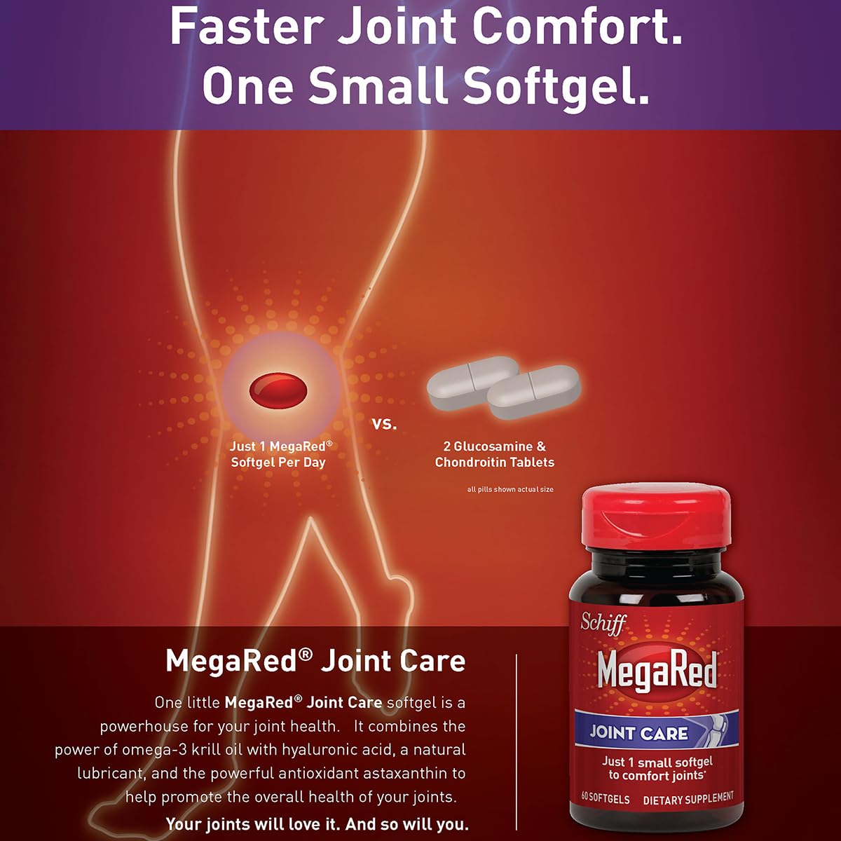MegaRed Krill Oil Joint Care 353mg — EPA/DHA, Hyaluronic Acid, 60 Softgels