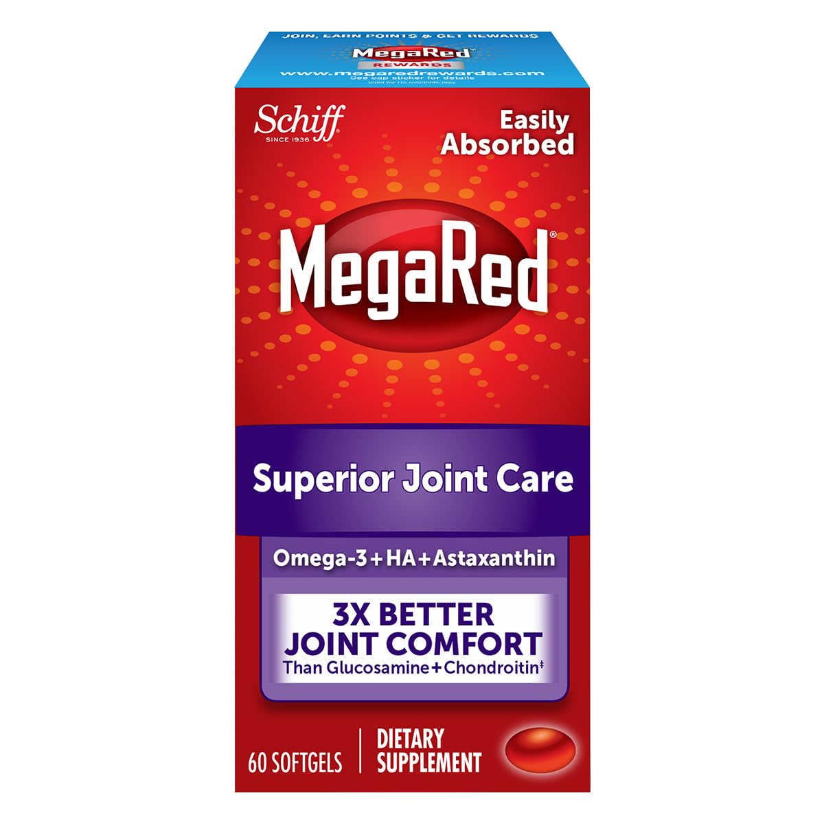 MegaRed Krill Oil Joint Care 353mg — EPA/DHA, Hyaluronic Acid, 60 Softgels