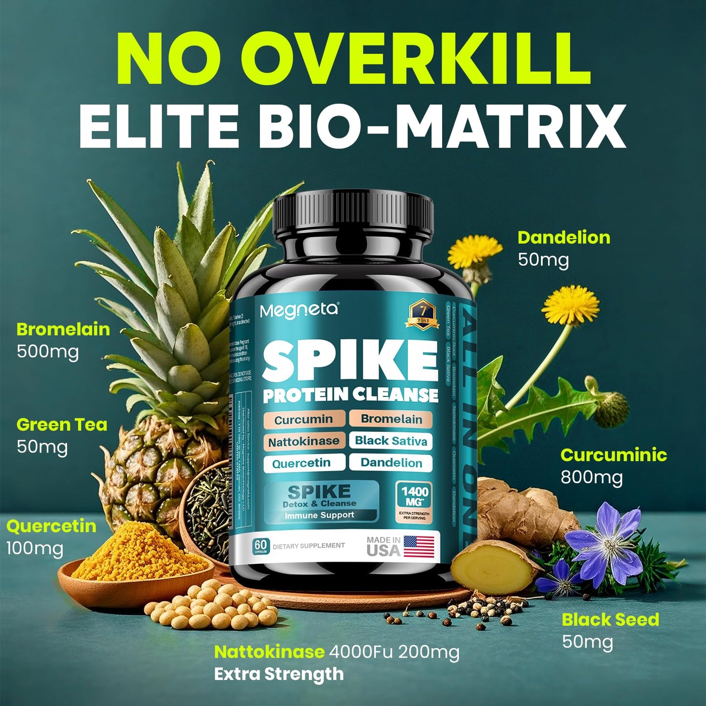 MEGNETA Spike Tri-Support+ Nattokinase 20,000 FU/g – Bromelain 500mg, Curcumin 800mg