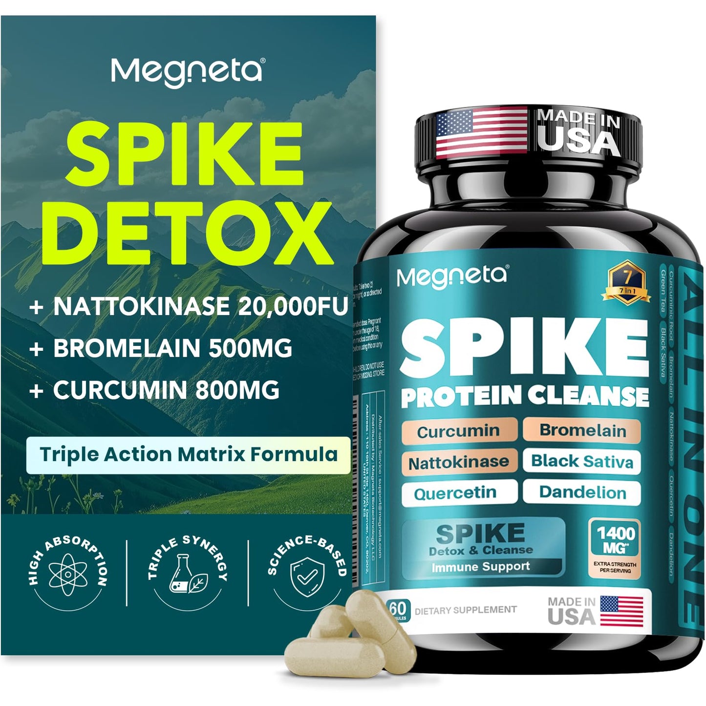 MEGNETA Spike Tri-Support+ Nattokinase 20,000 FU/g – Bromelain 500mg, Curcumin 800mg