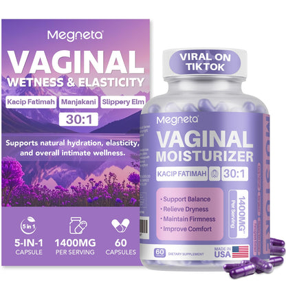 MEGNETA Vaginal Moisturizer: Kacip Fatimah 1000mg & Manjakani 200mg (30:1) – Slippery Elm, Vegan, 60 capsules