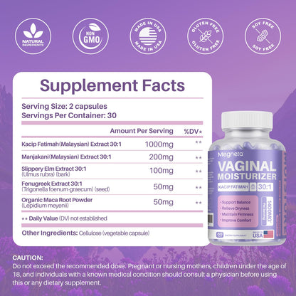 MEGNETA Vaginal Moisturizer: Kacip Fatimah 1000mg & Manjakani 200mg (30:1) – Slippery Elm, Vegan, 60 capsules