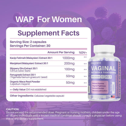 MEGNETA Vaginal Tightening Capsules – Kacip Fatimah, Manjakani & Slippery Elm | 60 Vegan Capsules