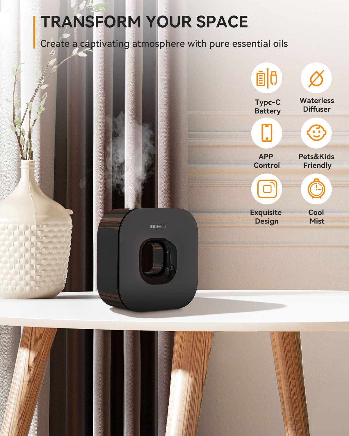 MEIDI Waterless Diffuser — Cordless Aromatherapy with App Control (Black)