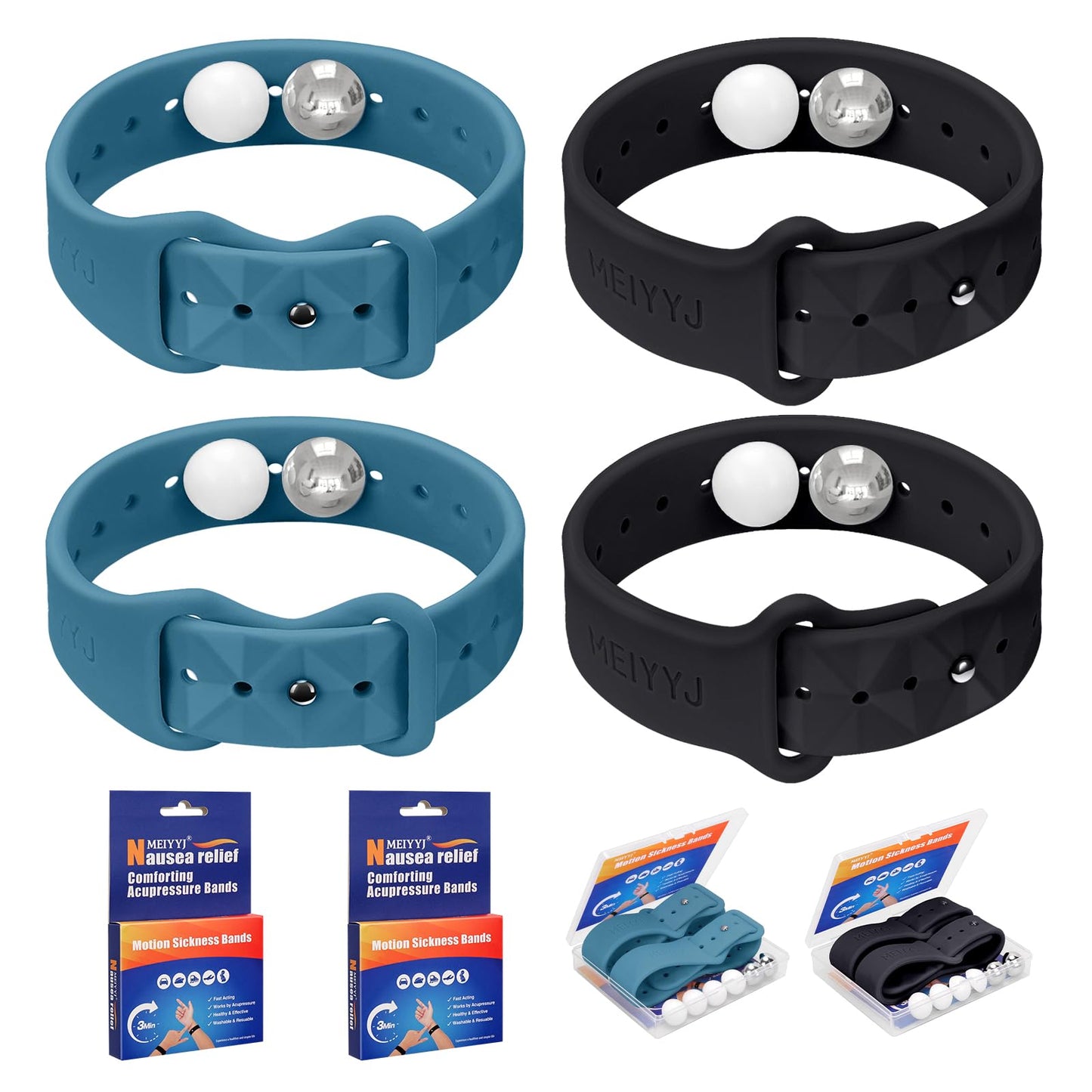 MEIYYJ Motion Sickness Bands – Sea Wristbands for Travel (1 Pair Black + 1 Pair Blue)