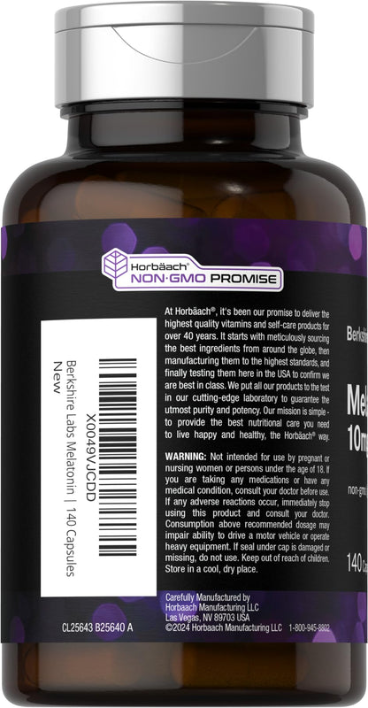 Horbäach Berkshire Labs Melatonin 10mg | 140 Quick Release Capsules | Extra Strength | Non-GMO Gluten Free