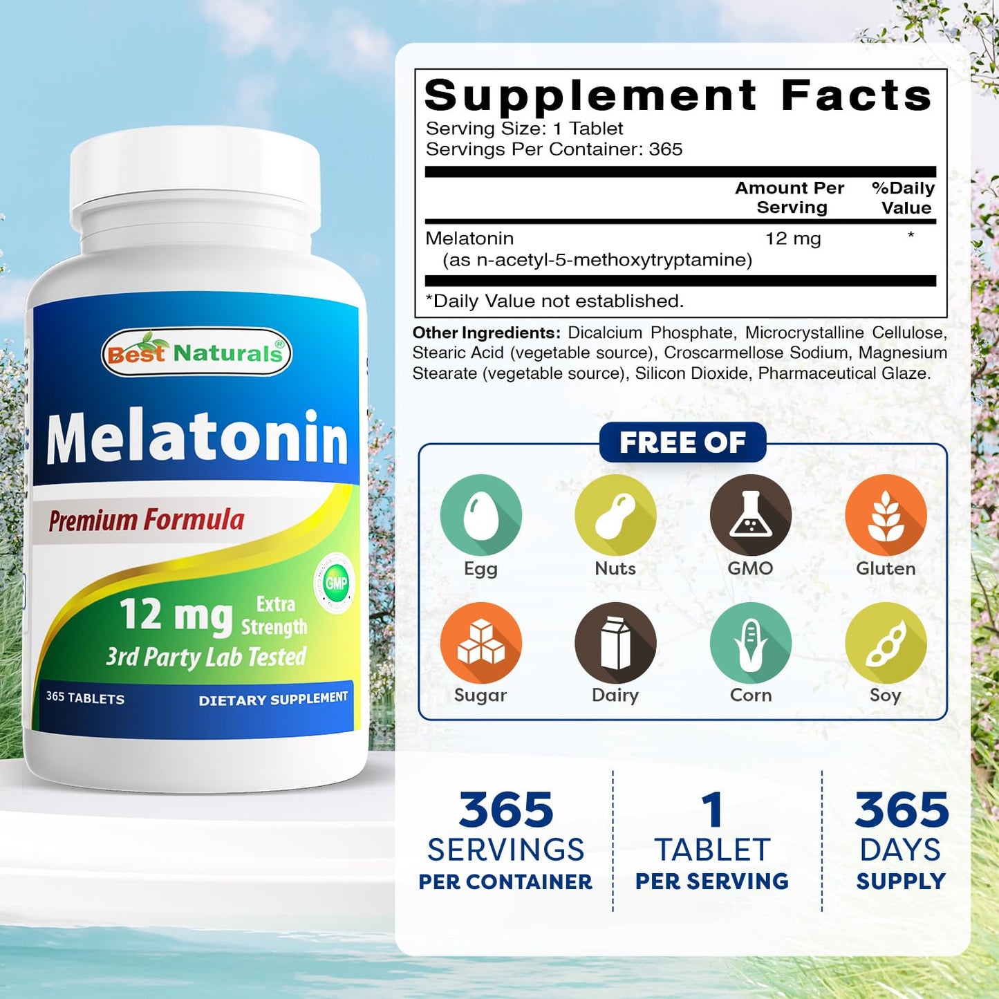 Best Naturals Melatonin 12 mg (365 Count Pack of 2) - Drug-Free Sleep Aid