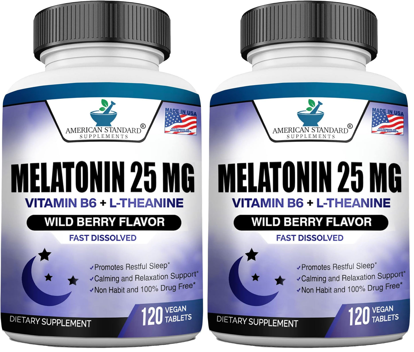 Melatonin 25mg Chewable Tablets with L-Theanine & Vitamin B-6 – 120 per Pack (Pack of 2) – Vegan, Non-GMO, Made in USA