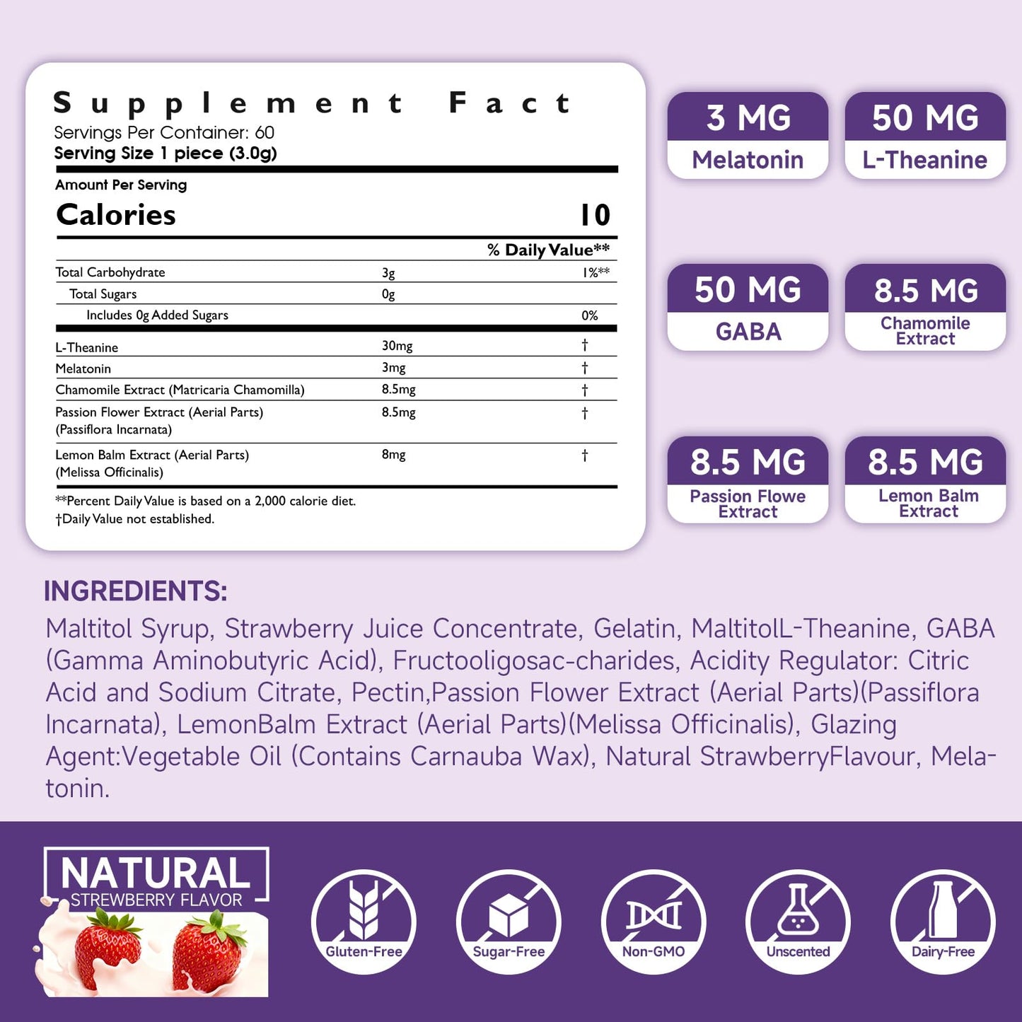 Melatonin 3mg Gummies for Adults – Vegan, Sugar-Free, Strawberry (60 Count) | L-Theanine & GABA
