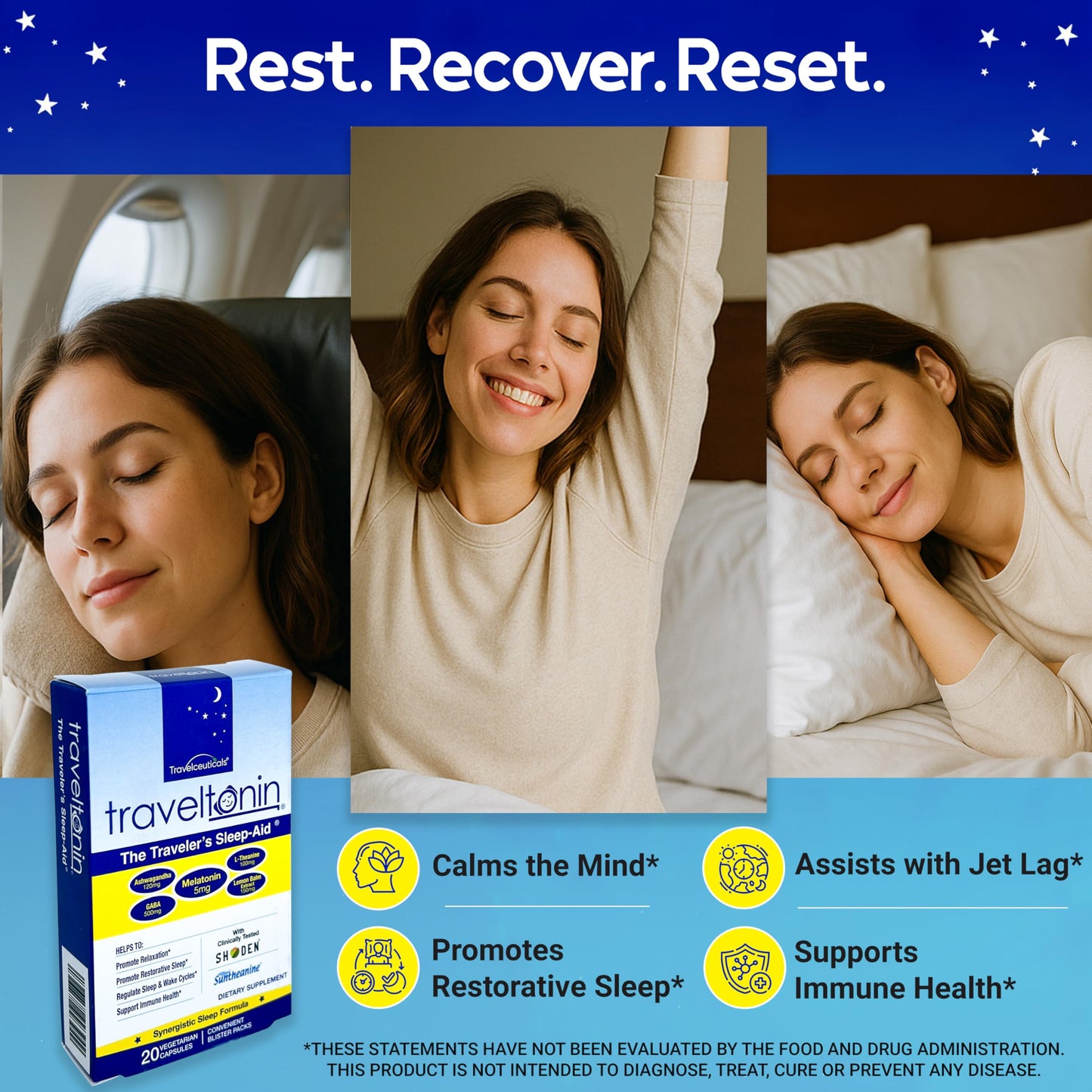 Travel Sleep Aid - Jet Lag Relief, Restorative Sleep & Immune Support | 5-in-1 Melatonin, Ashwagandha, L-Theanine, GABA, Lemon Balm | 20 Capsules