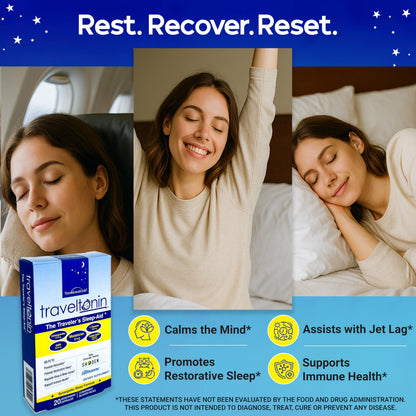 Travel Sleep Aid - Jet Lag Relief, Restorative Sleep & Immune Support | 5-in-1 Melatonin, Ashwagandha, L-Theanine, GABA, Lemon Balm | 20 Capsules