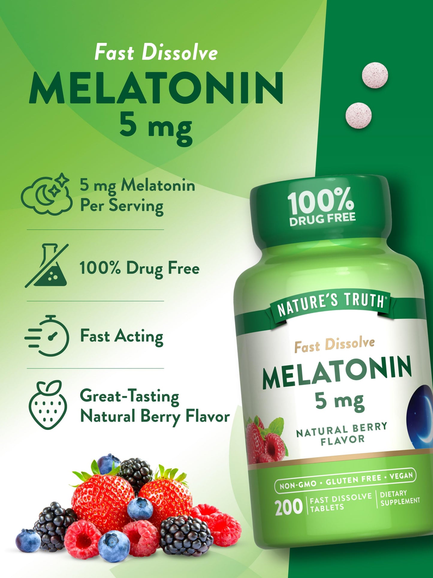 Nature's Truth Melatonin 5mg Fast Dissolve – 200 Count | Vegan & Gluten Free