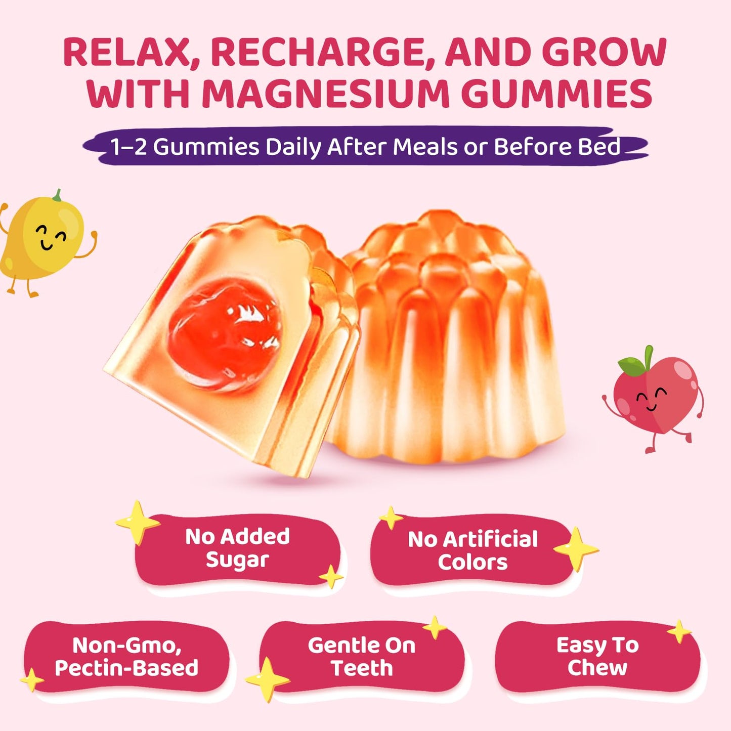 Magnesium Glycinate Gummies for Kids – Calm Sleep & Focus | L-Theanine, Chamomile & B Vitamins (Peach & Mango) 60 ct