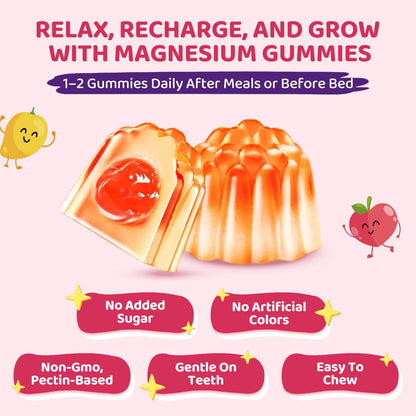 Magnesium Glycinate Gummies for Kids – Calm Sleep & Focus | L-Theanine, Chamomile & B Vitamins (Peach & Mango) 60 ct