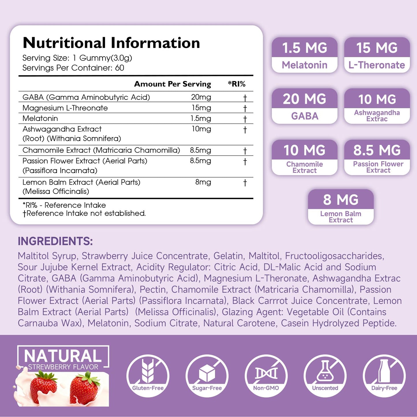 Melatonin Gummies 1.5mg for Adults – Extra Strength Sleep Support with GABA, Magnesium, Ashwagandha, Lemon Balm & Chamomile (Strawberry)