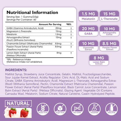 Melatonin Gummies 1.5mg for Adults – Extra Strength Sleep Support with GABA, Magnesium, Ashwagandha, Lemon Balm & Chamomile (Strawberry)
