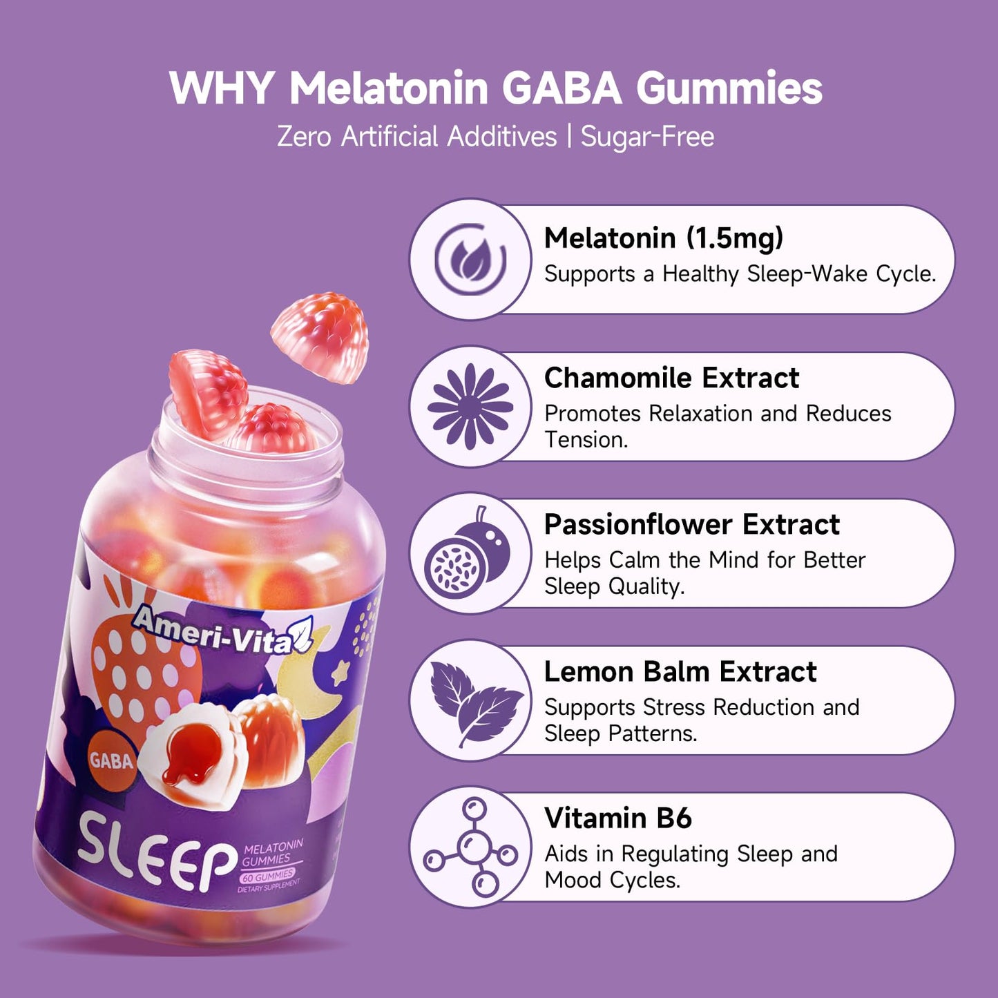 Melatonin Gummies 1.5mg for Adults – Extra Strength Sleep Support with GABA, Magnesium, Ashwagandha, Lemon Balm & Chamomile (Strawberry)