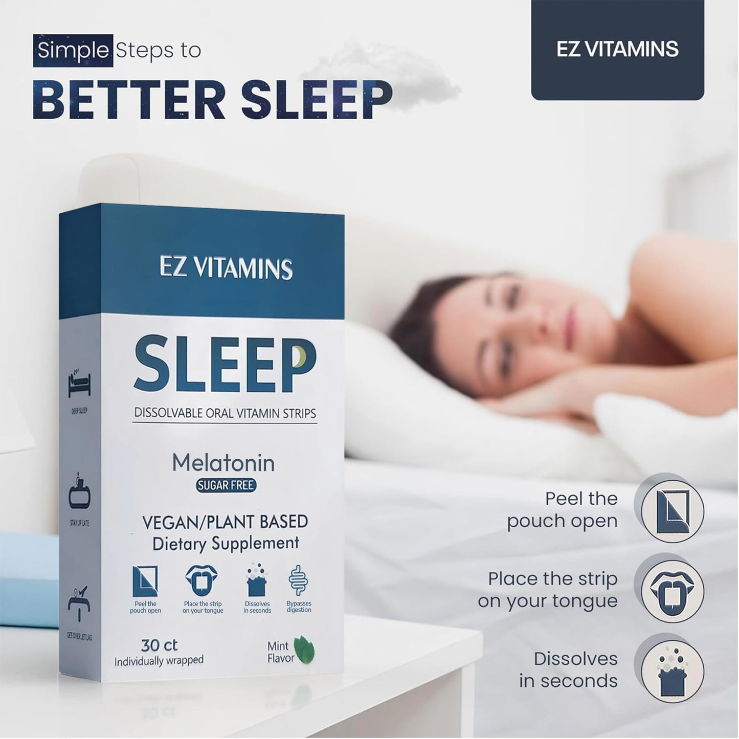 Dissolvable Oral Sleep Strips – 5mg Melatonin, Valerian, L-Theanine, Vitamin D3 | Mint 30ct