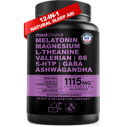12-in-1 Melatonin Sleep Capsules – Sleep Aid with 5mg Melatonin + 500mg Magnesium Glycinate (90ct)