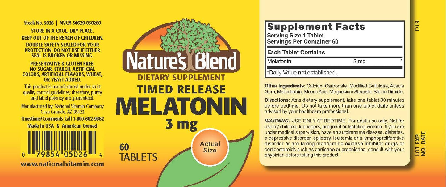 Melatonin Timed Release 3 mg 60 Tabs | Nature's Blend