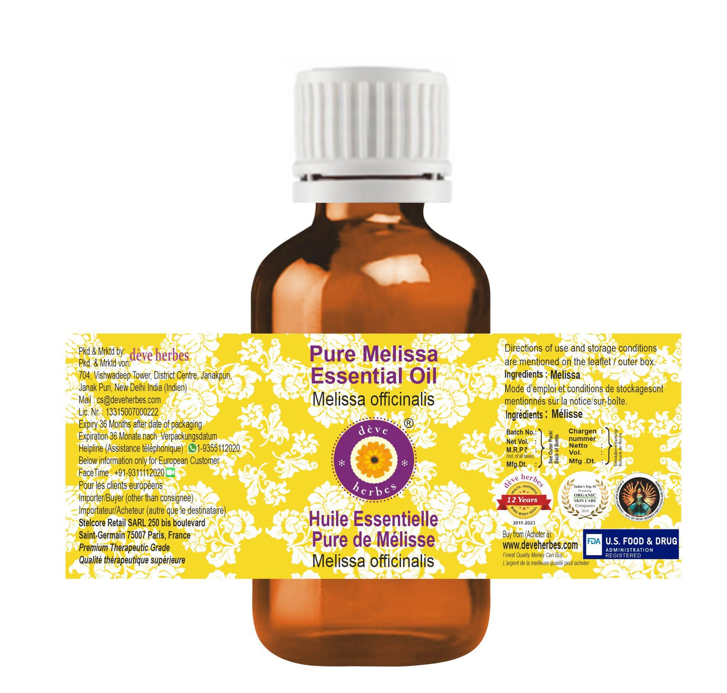 dève herbes Melissa Essential Oil (Melissa officinalis) – Pure, Steam Distilled 15ml