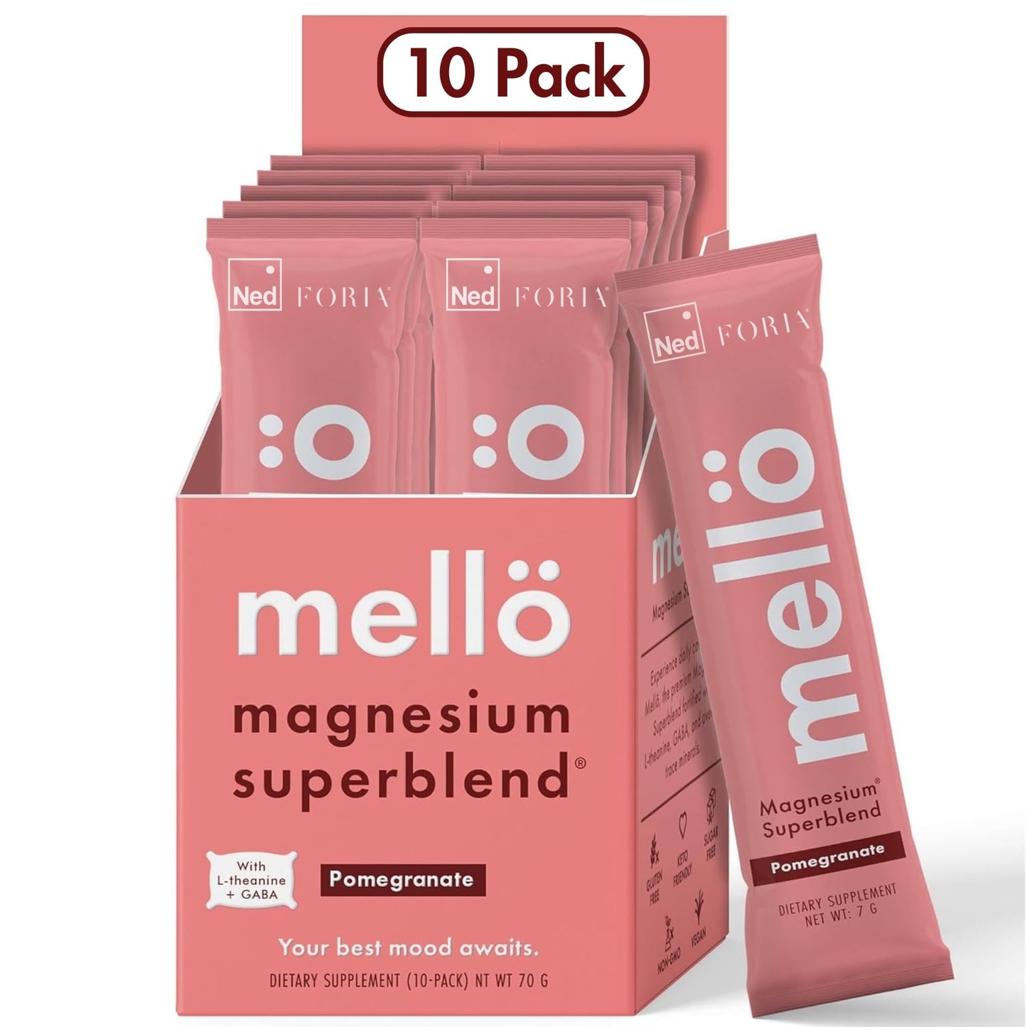 mellö Magnesium Superblend Powder – Sleep, Relaxation & Balanced Energy | Pomegranate, 10-Pack