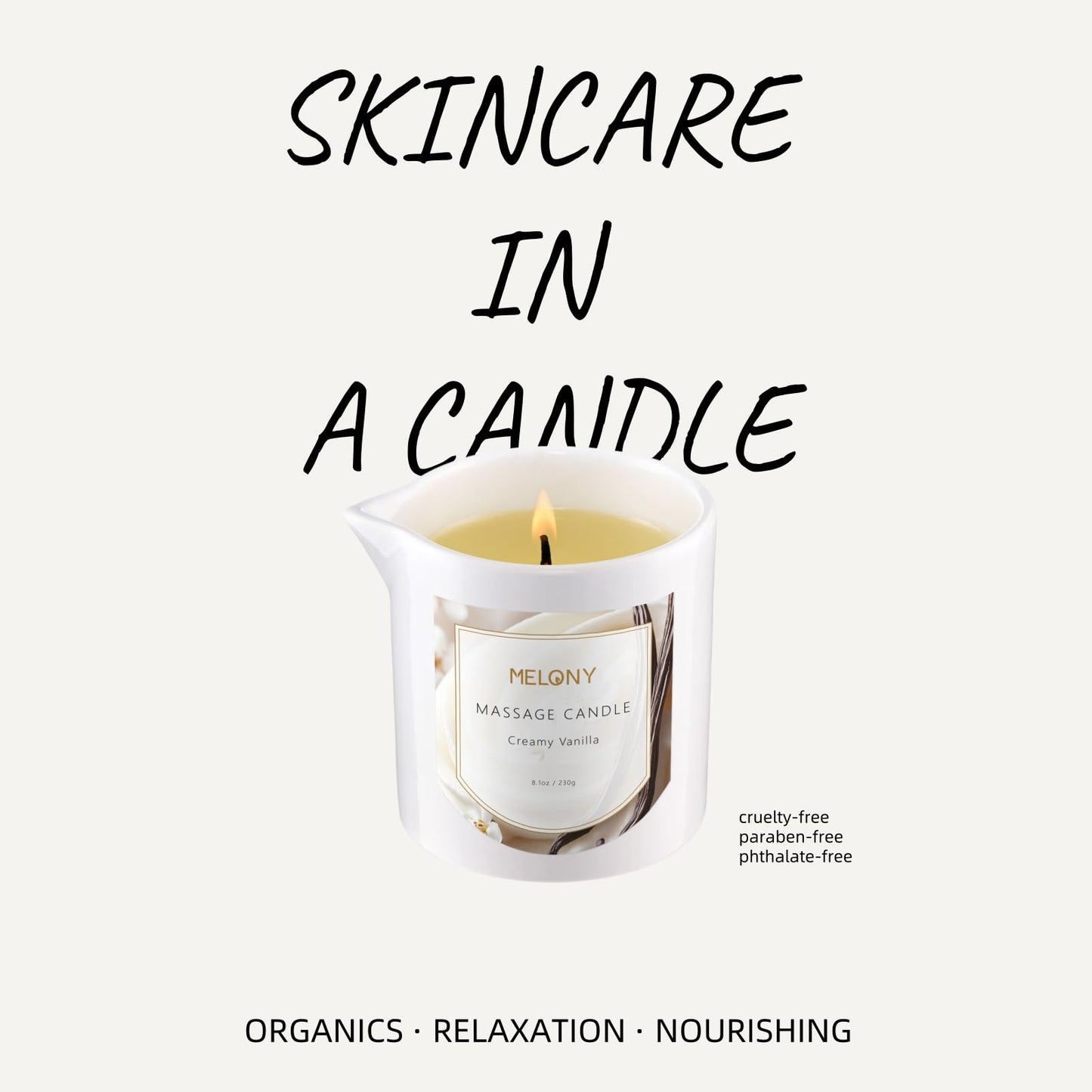 MELONY Luxury Massage Candle – Moisturising Body Oil, 8.1 oz, Creamy Vanilla