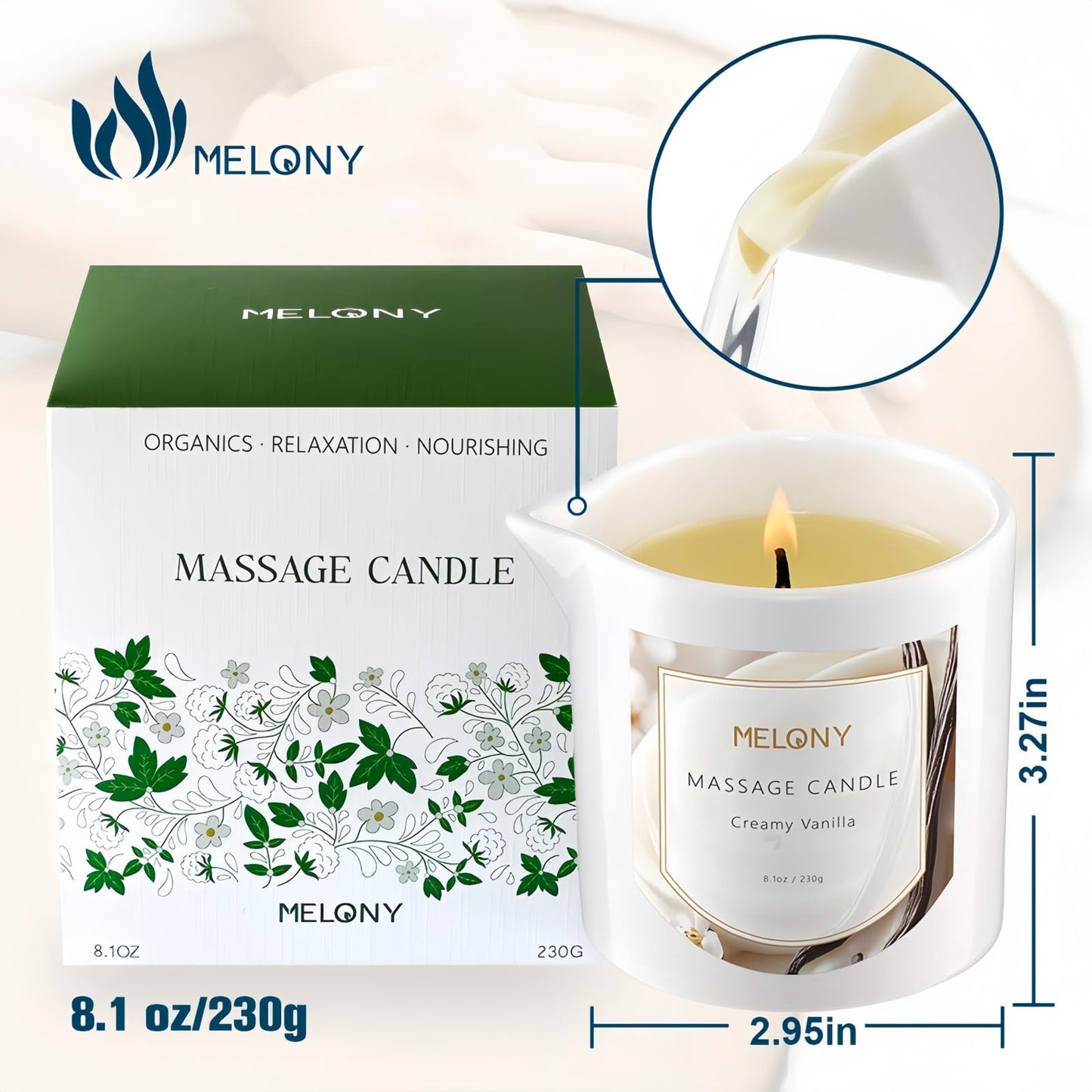 MELONY Luxury Massage Candle – Moisturising Body Oil, 8.1 oz, Creamy Vanilla