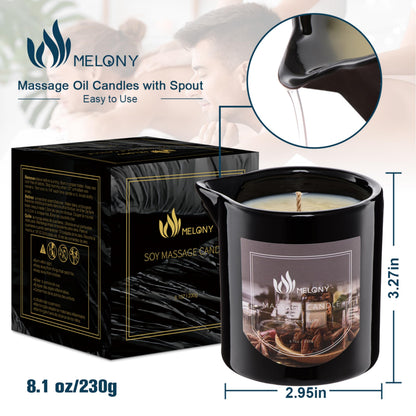 MELONY Massage Oil Candle – 8.1oz Spiced Rum | Natural Soy Wax for Calming & Relaxation