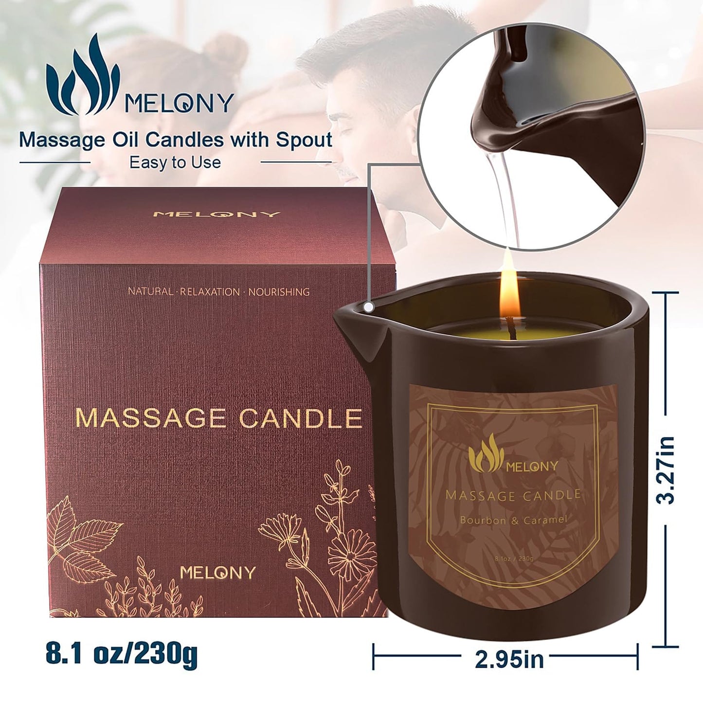 Melony Massage Oil Candle – Bourbon & Caramel, 8.1 oz | Home Spa Gift