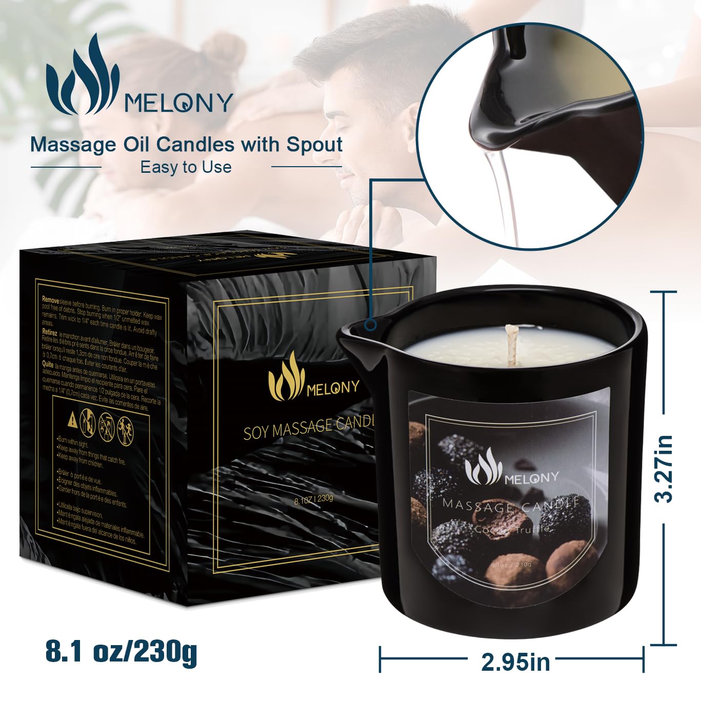 MELONY Massage Oil Candle | Natural Soy Wax 8.1oz Cocoa Truffle – Calming & Relaxing