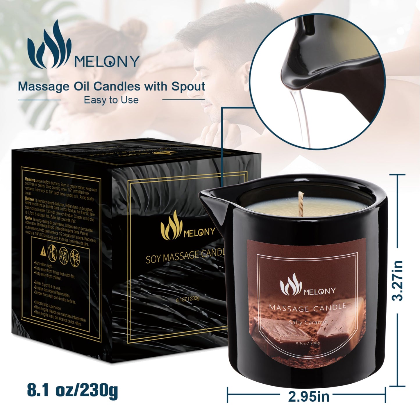 MELONY Massage Oil Candle – Calming, Soothing & Relaxing | Natural Soy Wax 8.1oz (Salty Caramel)