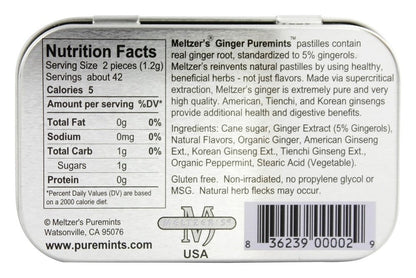 Meltzer's Puremints Ginger - 1.76 oz | Real Ginger Pastilles, 100% Natural