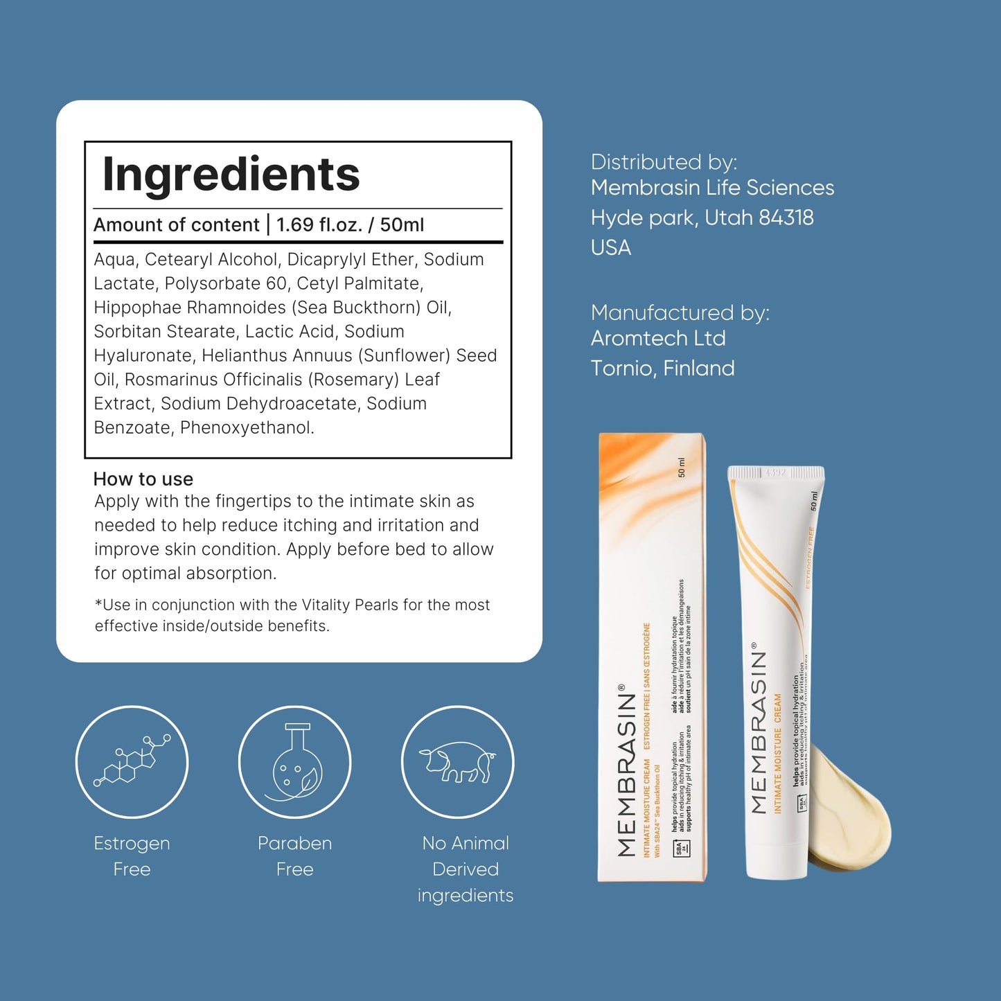 Membrasin Vaginal Moisture Cream with Hyaluronic Acid — Hormone-Free, Plant-Based (50 ml)