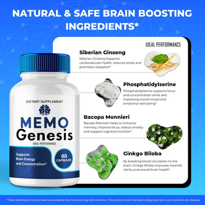 Memo Genesis Capsules | Official Brain & Memory Nootropic Supplement (60 Capsules)