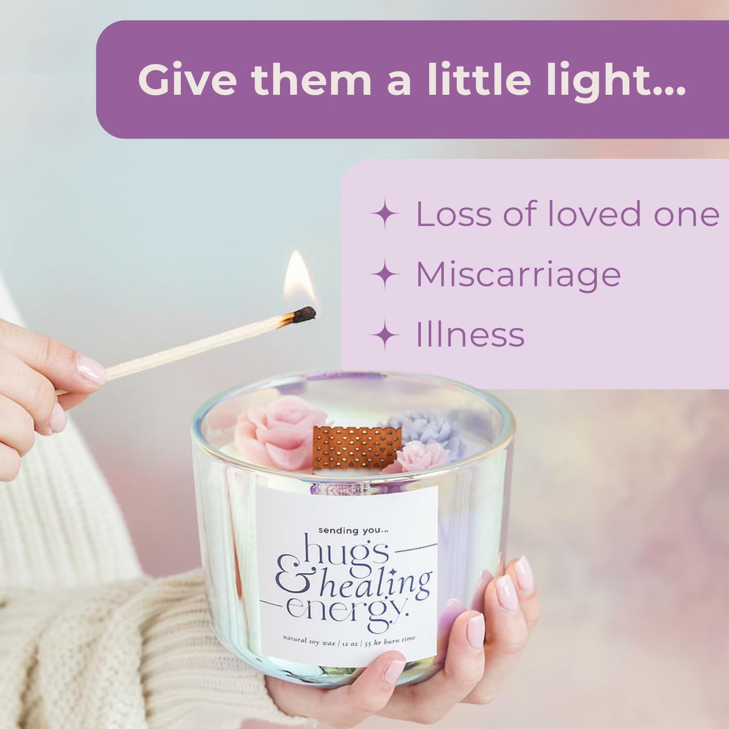 Hugs and Healing Energy Sympathy Candle – 12oz Soy Wax, Wooden Wick, Iridescent Glass Jar Memorial Gift