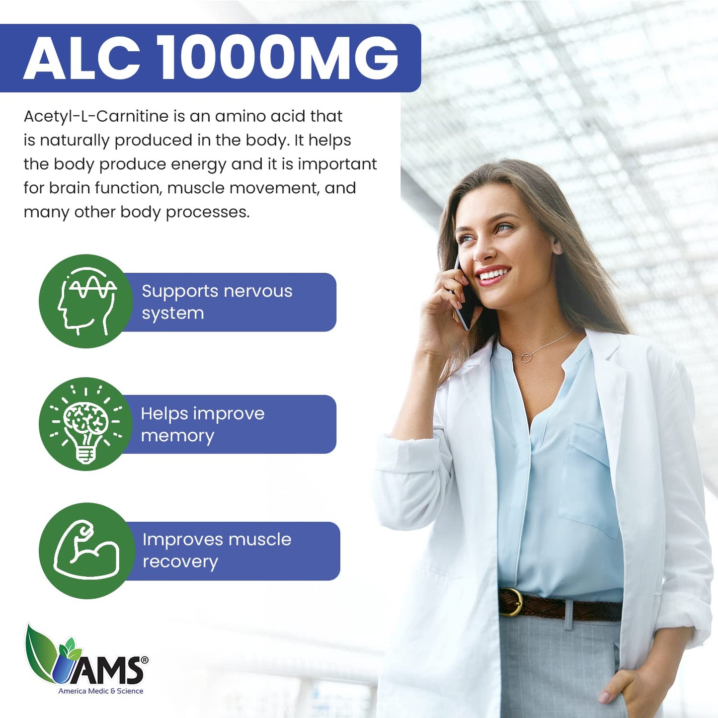 America Medic & Science Acetyl L-Carnitine 1000mg | 60 Tablets | Energy & Brain Health