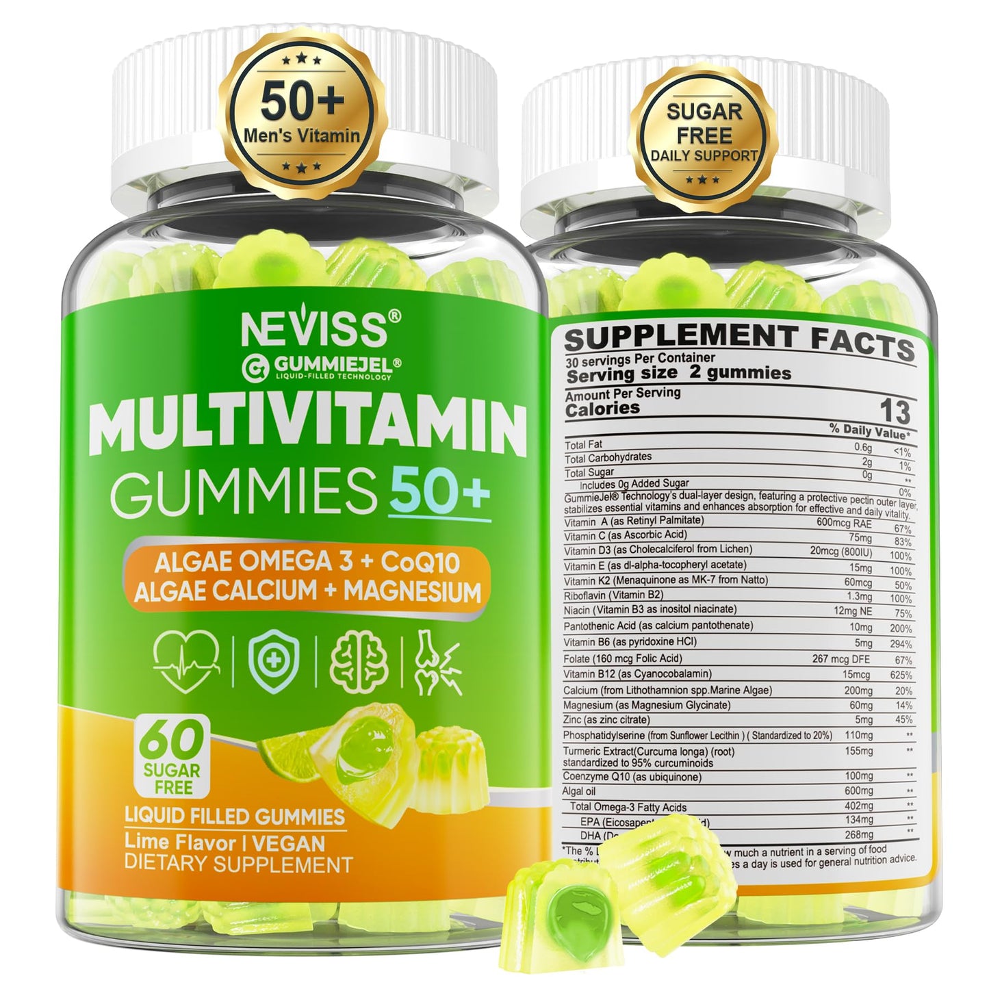 Men 50+ Sugar Free Multivitamin Gummies with Omega-3 CoQ10 D3K2 - 60 ct
