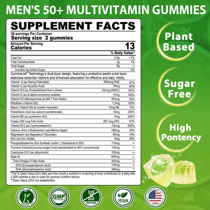 Men 50+ Sugar Free Multivitamin Gummies with Omega-3 CoQ10 D3K2 - 60 ct