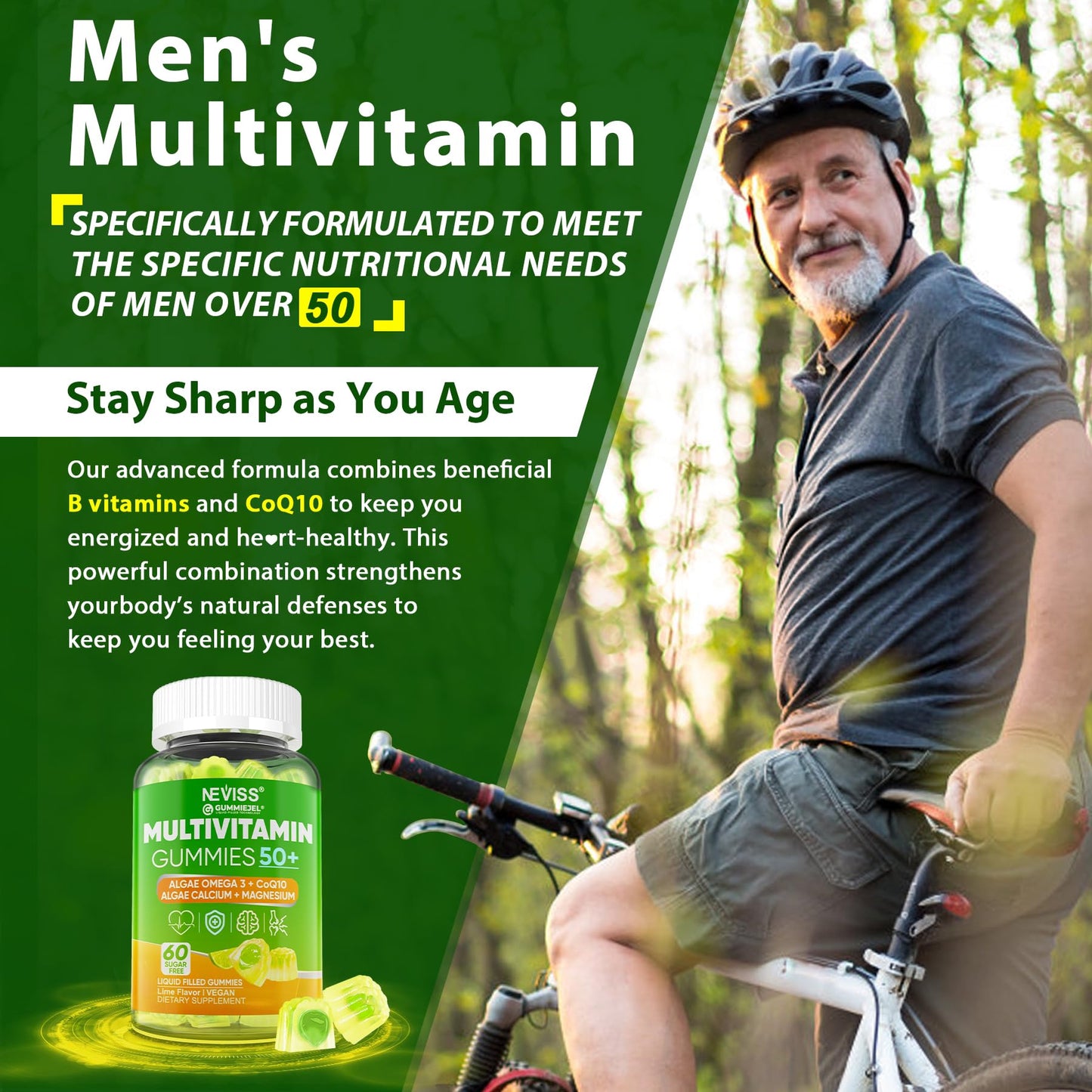 Men 50+ Sugar Free Multivitamin Gummies with Omega-3 CoQ10 D3K2 - 60 ct